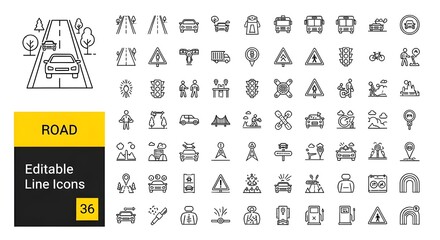 Poster - Road Editable Line Icons | Thin Outline Style Vector Symbols for Navigation, Safety, and Travel