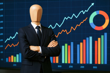 Poster - Confidence and strategic thinking drive success as the wooden mannequin stands firm before rising digital business charts and data visualization