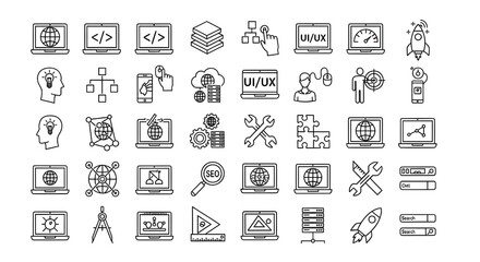 Fototapete - Collection of SEO and Web Development Line Icons | Thin Outline Symbols for Website Optimization, UI Design, and Digital Marketing