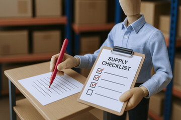 Poster - Achievement targets is illustrated by a wooden mannequin marking off items on a supply checklist during inventory management