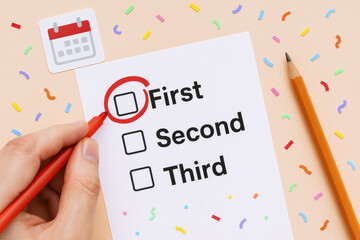 Poster - Achieving priority and decision-making is crucial for business success symbolized by marking the top option on a checklist surrounded by festive elements