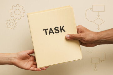 Poster - The transfer a task folder between hands symbolizes workflow coordination and effective project management within a structured process