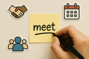 Poster - A concept scheduling business meetings highlighted by a writing on a sticky note surrounded by icons representing collaboration and planning
