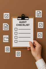 Poster - A business professional evaluates compliance and progress using an audit checklist for thorough documentation