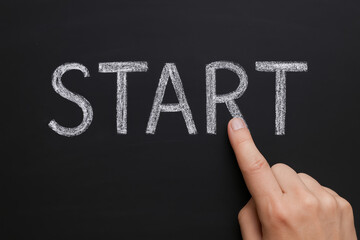 Poster - Initiating progress by tracing a starting point on a clean blackboard symbolizes new business opportunities and focused action