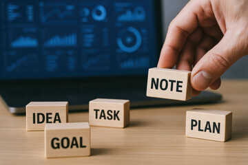 Poster - Strategic thinking and goal-setting drive progress as a focused arranges key business planning elements on a digital interface