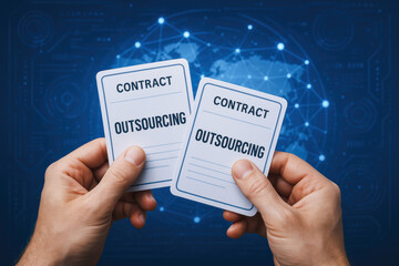 Poster - Strategic collaboration is represented through hands managing contract cards on a digital network highlighting outsourcing within a connected business environment