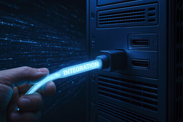Poster - The glowing cable connecting to the server symbolizes integration and efficient data exchange powering modern business solutions