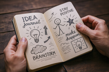 Poster - A journal opened to pages filled with creative sketches and motivational notes inspires proactive thinking and idea development