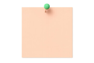 Poster - Blank peach-colored note fastened by green pushpin, floating against transparent surface, ready for graphic design compositions