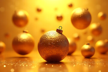 Poster - Golden Christmas Ornaments with Glittering Surface and Metallic Caps Floating Against a Warm Yellow Background