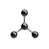 Black abstract molecular structure with three connected spheres representing chemistry, science, and modern technology concepts
