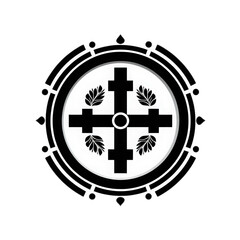Fototapete - Intricate Black and White Circular Design Featuring Crosses and Leaves for Spiritual or Decorative Use