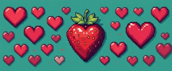 Poster -  A pixelated strawberry surrounded by 8 bit hearts a retro game vibe.