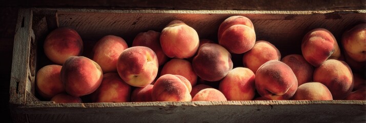 Poster - Crate Filled With Ripe Peaches Bathed in Soft Natural Light Showcasing Freshness and Vibrant Colors in a Rustic Setting