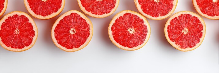 Poster - Grapefruit Halves Neatly Arranged Diagonally on a Clean White Surface With an Empty Upper Zone Creating a Fresh and Vibrant Display