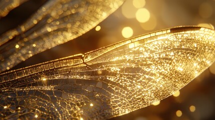 Poster - Intricate Texture of Glowing Dragonfly Wings with Golden Light