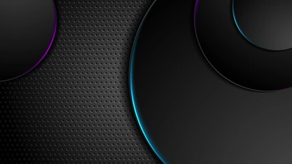 Poster - Black circles with glowing neon lines on dark perforated background. Seamless looping abstract technology motion design. Video animation Ultra HD 4K 3840x2160