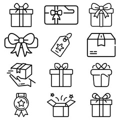 Poster - Illustration of various gift related icons including gift boxes bows ribbons and a delivery in black outline