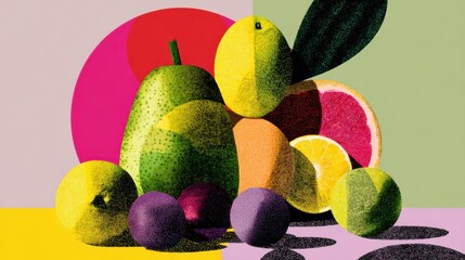 Poster - Colorful Fruit Collage Featuring Textured Shapes and Shadows in a Graphic Poster Design