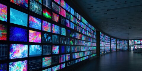 A wall of vibrant screens displays an array of colorful data streams.