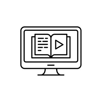 Computer screen displaying an open book with a play button icon for online learning