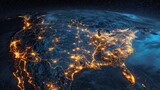 A night-time satellite view of the United States showing illuminated cities and infrastructure against a dark, starry background.