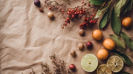Poster - Herbal Arrangement Featuring Fruits and Herbs on Craft Paper With Empty Top Space for Creative Design Elements or Text