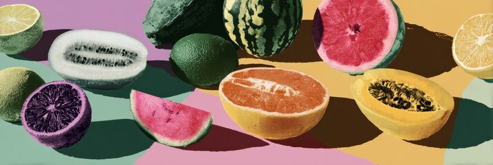 Poster - Colorful Fruit Collage With Vibrant Shadows Ideal for Summer Theme, Showcasing Watermelon, Grapefruit, and More Vivid Varieties