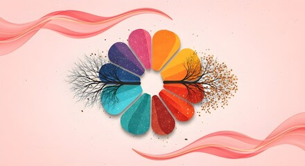 Creative color wheel with tree branches on pink background