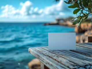 Wall Mural - blank white gift card on a yacht deck overlooking the ocean