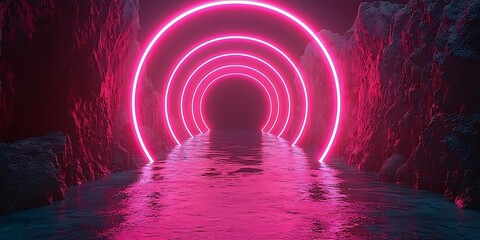 Poster - Glowing Neon Arches Reflecting in Calm Water Surrounded by Rock