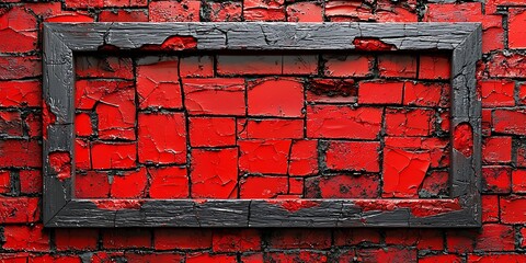 Poster - Cracked Red Wall with Empty Frame for Art Display or Design Context