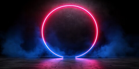 Poster - Neon Circle with Blue and Pink Glow in Dark Smoke Background