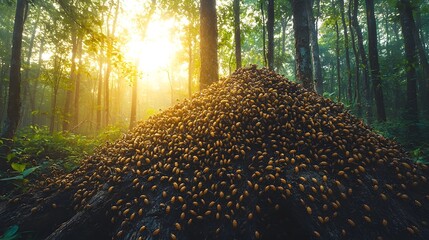Wall Mural - a peaceful forest landscape with sunlight streaming through the trees