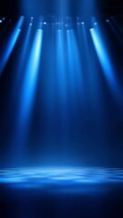 Poster - Powerful blue volumetric light rays spreading across dark empty stage, generating dramatic atmospheric lighting with intense glowing projection and visual luminescence