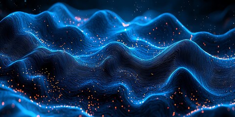 Poster - Abstract Digital Waves with Glowing Particles in Blue Light