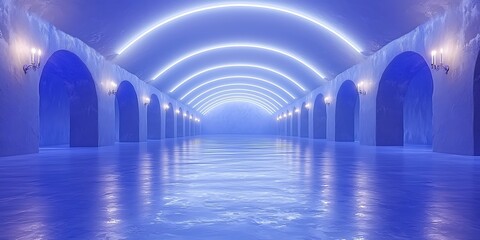 Poster - Ethereal Blue Tunnel with Arched Architecture and Neon Lighting