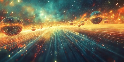 Poster - Futuristic Cosmic Landscape with Colorful Stars and Floating Spheres