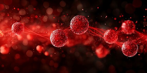 Poster - Red Abstract Design with Spheres and Light Particles on Dark Background