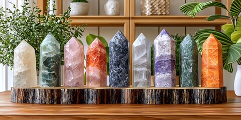 Poster - Colorful Crystal Obelisks Displayed in Modern Natural Setting