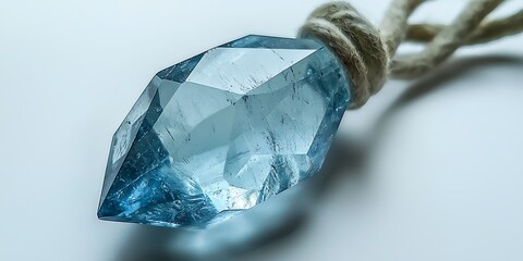 Poster - Clear Blue Crystal Pendant with Natural Twine String on White Background