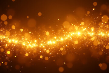 Aufkleber - Glowing golden light particles and bokeh effect on a dark brown background with a sparkling horizontal stream of light