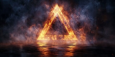 Poster - Fiery Triangle Symbol with Smoke and Water Reflection at Night