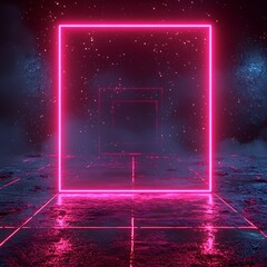 Fototapete - Neon Pink Light Frame in Futuristic Abstract Space Environment