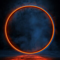 Fototapete - Bright Neon Circle with Blue and Orange Glow in Dark Atmosphere