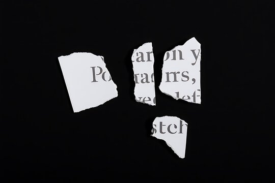 Torn paper fragments with text on black background image