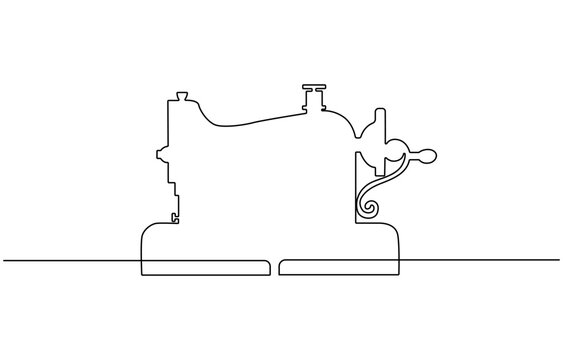 Tailoring tools for sewing garments in one continuous line. Sewing machine, spool of thread, needle. Editable vector contour, Tailor Made Continuous.