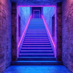 Poster - Vibrant Neon Stairs Leading to an Illuminated Doorway in Abstract Space