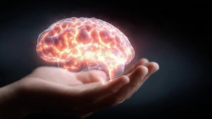 Poster - Glowing Brain in Hands:  A Conceptual Image of Mind,  Intelligence, and Potential